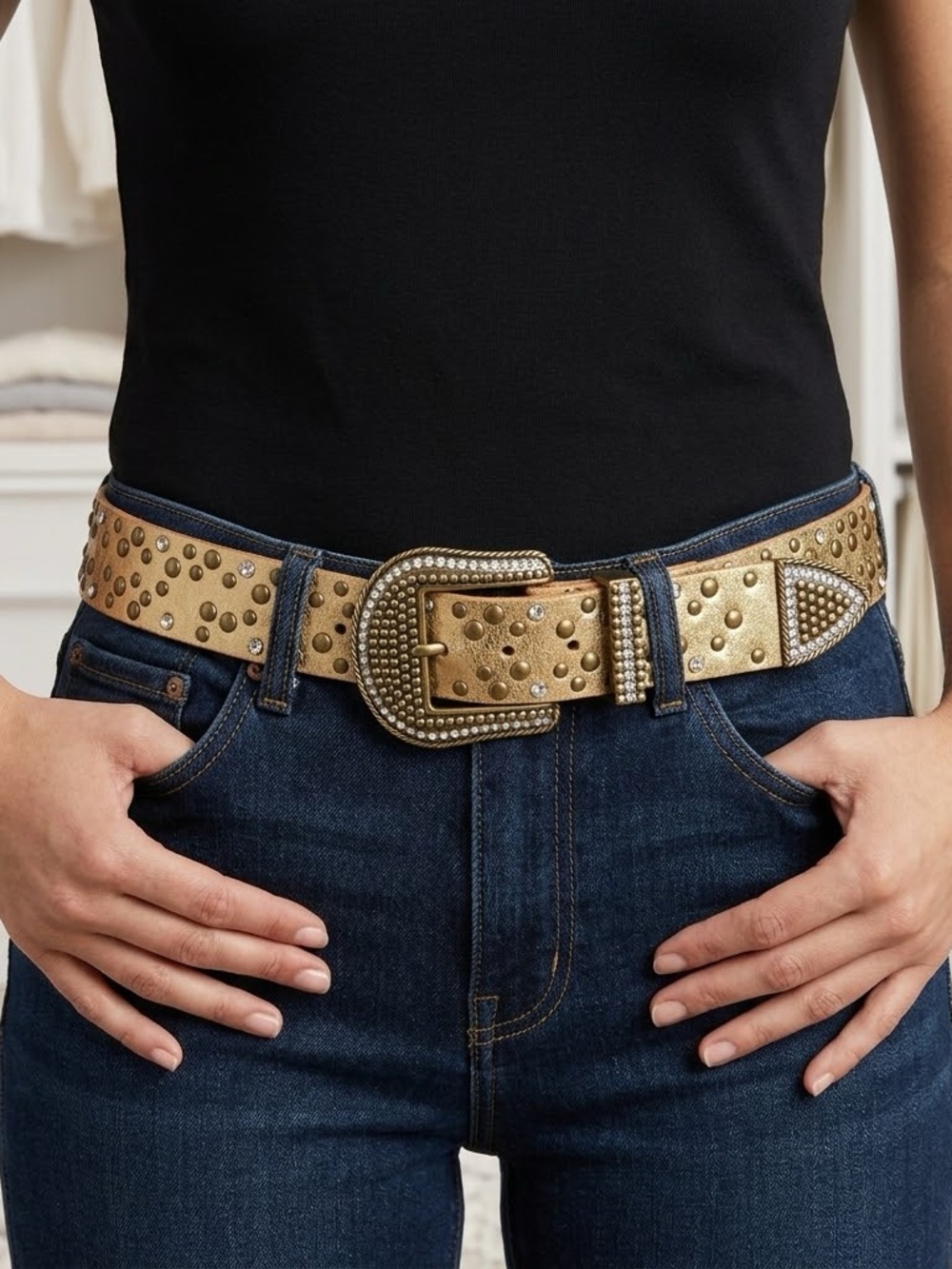 Arizona Jean Vintage Y2K Metallic Gold Leather Studded Belt S Rhinestone Western